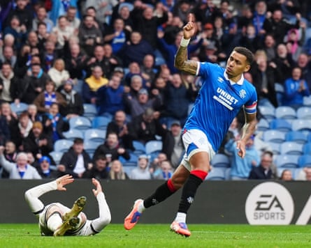 Rangers’ James Tavernier scores their second goal against Dundee United for 2-2