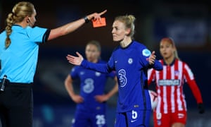 Sophie Ingle of Chelsea reacts after being shown a red card by referee Tess Olofsson.