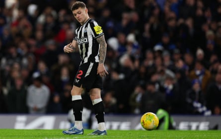 Kieran Trippier reacts after missing a penalty in the shootout of Newcastle’s Carabao Cup defeat by Chelsea
