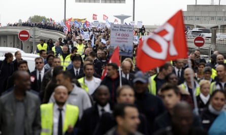 Air France staff demonstrate near the company headquarters in Roissy-en-France.