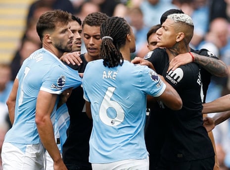 Richarlison also has a difference of opinion with Ruben Dias so Manchester City's Nathan Ake and Tottenham Hotspur's Brennan Johnson act as peacemakers.