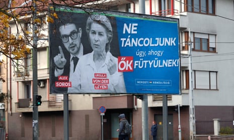A government billboard shows American philanthropist Alex Soros, son of Hungarian-American financier George Soros, alongside Ursula von der Leyen, in Budapest, Hungary.