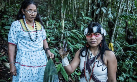 Waorani leader Nemonte Nenquimo shows evidence of crude oil contamination in the northern Ecuadorian Amazon rainforest.