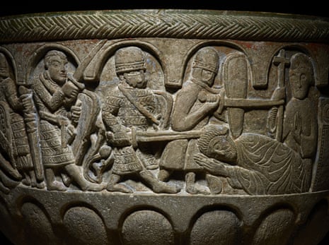 Detail of a baptismal font showing the murder of Thomas Becket from Lyngsjö church in Sweden