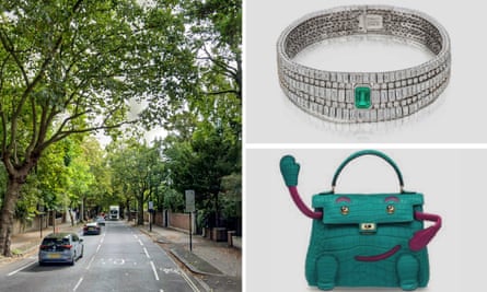 Road with cars, emerald and diamond necklace and Hermès bags