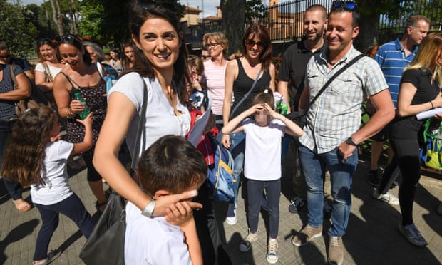 Virginia Raggi outside her son’s school in Rome last week.