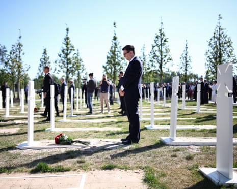 Britain's prime minister Andy Burnham attends a wreath-laying ceremony at the tomb of the unknown Ukrainian soldier at Ukraine's national military memorial cemetery in Hatne, southwest of Kyiv.