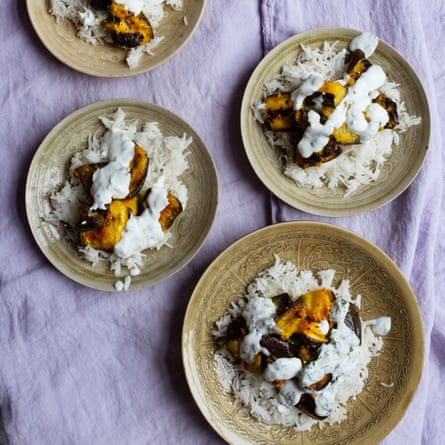 Grilled aubergines with steamed basmati and mint yoghurt.