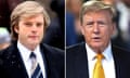 A composite of two images, one young and one old, of two people who look similar. On the left is a young actor with floppy blond hair in a suit, and on the right is Donald Trump, an older man with floppy reddish-blond hair in a suit.
