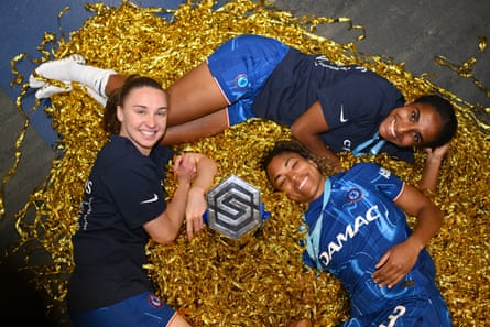 Niamh Charles, Naomi Girma, and Catarina Macario bask in Chelsea’s WSL title win.