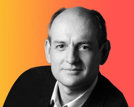 A black and white image of Stuart Russell against a orange and red gradient background