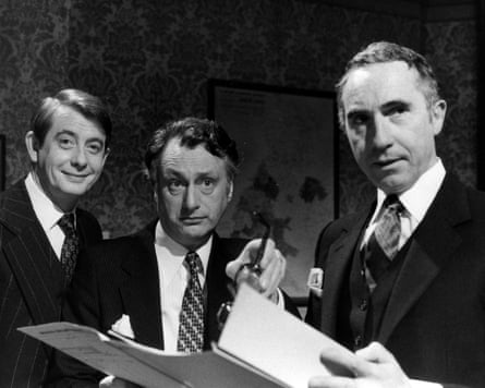 Nigel Hawthorne as Sir Humphrey (far right) with Derek Fowlds and Paul Eddington in Yes Minister.