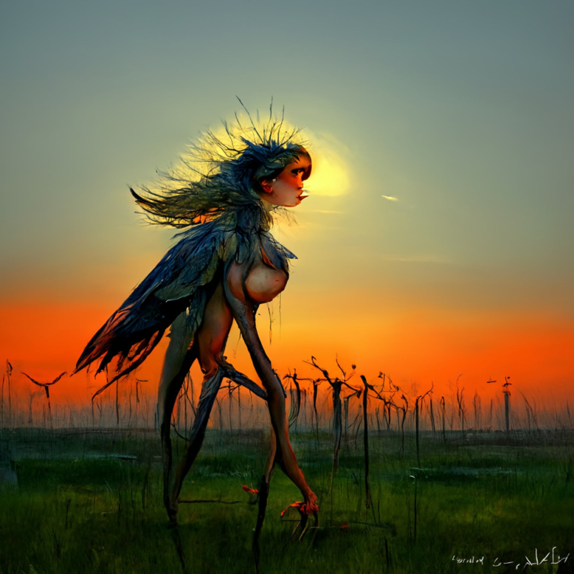 image of a figure with wings walking among what looks like dead trees. the image looks more like a painting