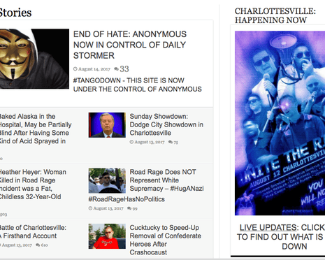 A screenshot of the homepage of the Daily Stormer carrying the ‘end of hate’ message