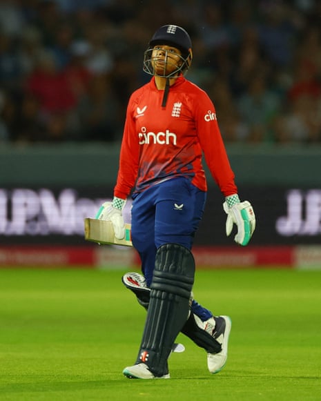England's Sophia Dunkley looks dejected as she walks after losing her wicket.