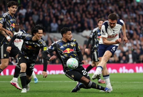 Joao Palhinha of Tottenham Hotspur shoots but misses.