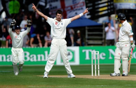 Jimmy Anderson appeals successfully for the wicket of Mathew Sinclair during the second Test at Wellington in 2008