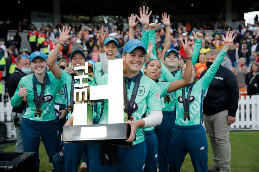 Oval Invincibles captain Dane van Niekerk with the trophy and his teammates after winning The Hundred final against Southern Brave at Lord's last August.