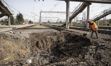 Damaged rail tracks at Kramatorsk train station after Russian shelling.