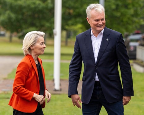 Lithuania’s president Gitanas Nausėda, right, welcomes European Commission president Ursula von der Leyen at the Border Guard School near Lithuanian-Belarusian border, near the village Medininkai, some 25 km (16 miles) east of the capital Vilnius, Lithuania.