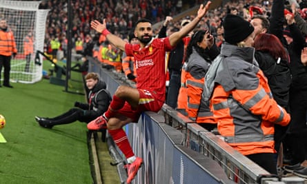 Mohamed Salah celebrates after scoring Liverpool’s second goal.