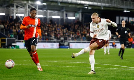 Erling Haaland scores the fifth goal – also his fifth of the game – in the 6-2 FA Cup victory at Luton