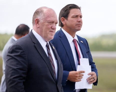 Ron DeSantis and Tom Homan attends a press conference at the South Florida Detention Facility nicknamed ‘Alligator Alcatraz’ at the Dade-Collier Training and Transition Airport in Ochopee, Florida, 25 June 2026.