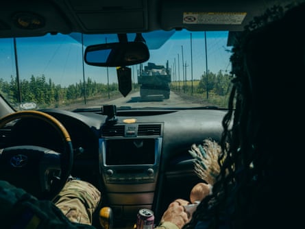 The couple en route to Kramatorsk. The truck ahead is carrying ‘dragon’s teeth’, concrete anti-tank obstacles used in fortifications