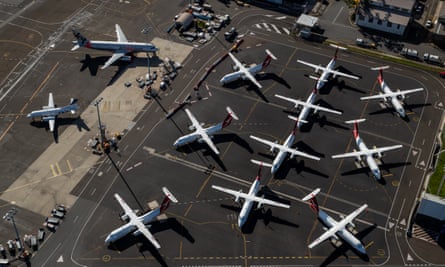 Aerial view of grounded Qantas planes on the tarmac