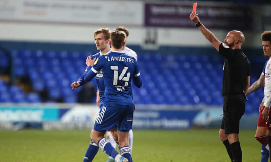 Darren Drysdale sends off Flynn Downes of Ipswich during Tuesday’s eventful game - for the referee at least - against Northampton at Portman Road on Tuesday.