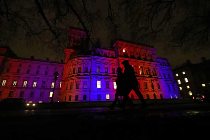 The colours of  the union jack are lit up on the Foreign and Commonwealth Office in Westminster, London.