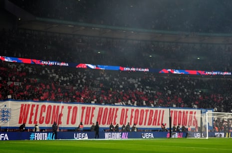 England fans with a banner welcoming head coach Thomas Tuchel during the 2026 FIFA World Cup Qualifying, Group match against Albania at Wembley Stadium.