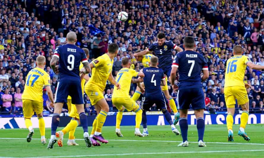 Scotland’s Grant Hanley attempts to head the ball towards the goal but it goes over the bar.
