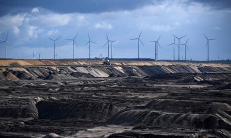 Wind turbines near an open-cast mine in western Germany