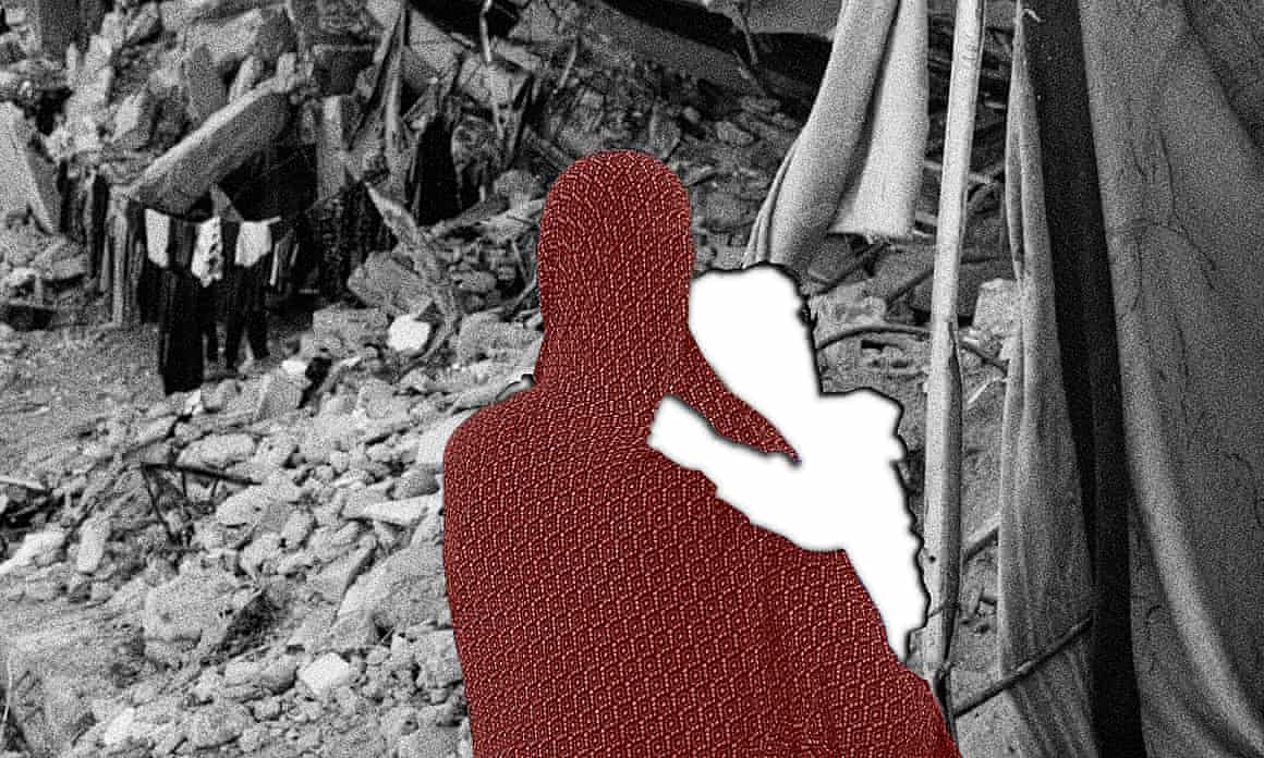 A composite showing the silhouette of a woman and her young child in front of a destroyed building