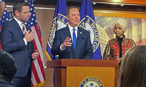 Adam Schiff (D-CA), center, speaks as he holds a news conference with Rep. Eric Swalwell (D-CA) and Rep. Ilhan Omar (D-MN) about House Speaker Kevin McCarthy’s (R-CA) intention to remove them from their respective House committee assignments, on Capitol Hill in Washington yesterday.