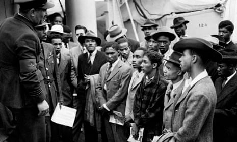 Jamaican immigrants being addressed shortly after their arrival in Tilbury by RAF officials from the Colonial Office in 1948.