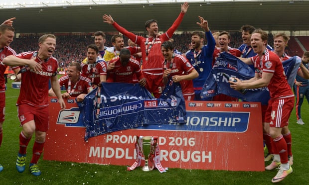 Middlesbrough celebrate their 2016 promotion after losing the 2015 playoff final.