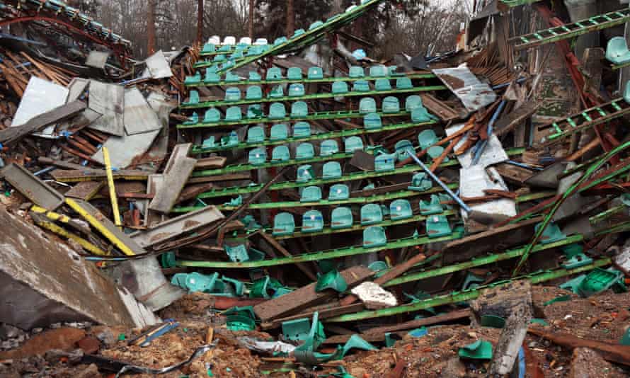 Rows of damaged seats at the Chernihiv Olympic Sports Training Center