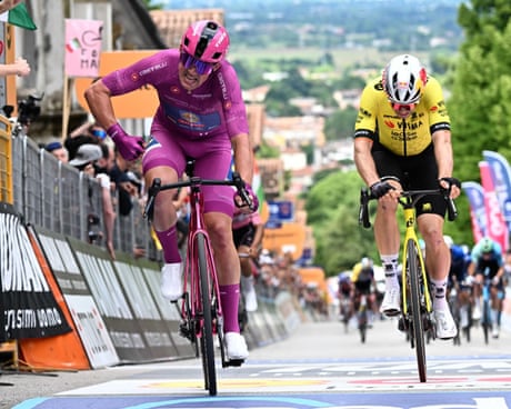 Giro d’Italia: unstoppable Pedersen pips Van Aert in uphill sprint on stage 13