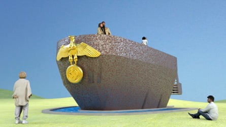 An illustration of the eagle sculpture attached to a ship-like structure with people looking at it.