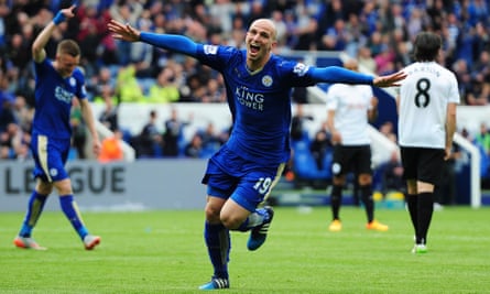 Esteban Cambiasso of Leicester City celebrates scoring his team’s fourth goal during the Barclays Premier League match between Leicester City and Queens Park Rangers at The King Power Stadium on May 24, 2015.