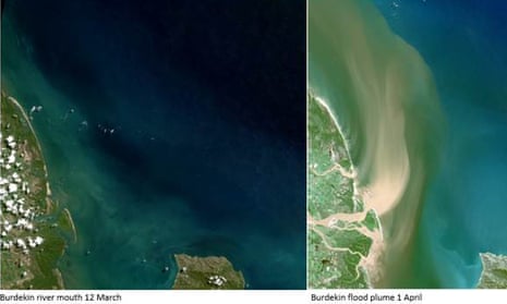 Satellite images of the Burdekin river mouth on 12 March before Cyclone Debbie (left) and on 1 April in the cyclone’s wake, as the plume of flood waters makes its way to the sea