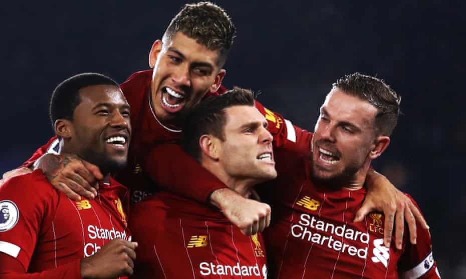 James Milner is congratulated after scoring at Leicester