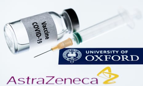 A syringe and a vial reading ‘Covid-19 vaccine’ next to AstraZeneca company and University of Oxford logos.