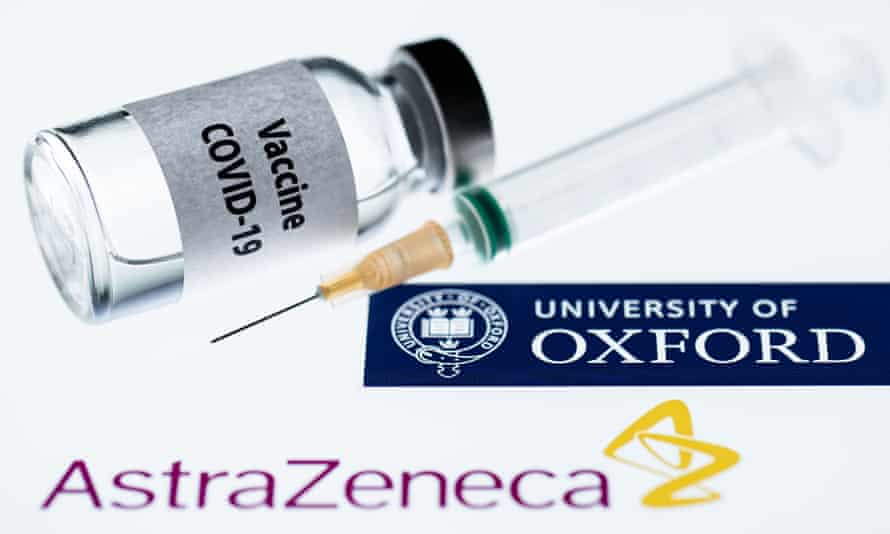 Oxford/AstraZeneca vial, syringe and logos