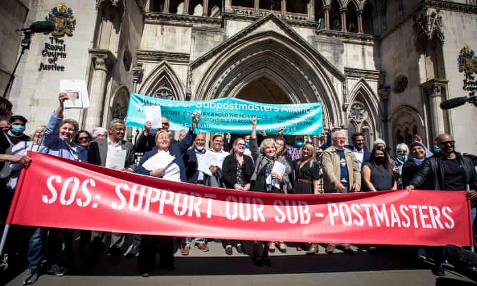 Some of the 39 former post office operators celebrating outside the Royal Courts of Justice in April, after having their convictions overturned.