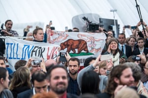 Anti fracking protestors interrupt America’s Pledge leader, California governor Jerry Brown’s speech