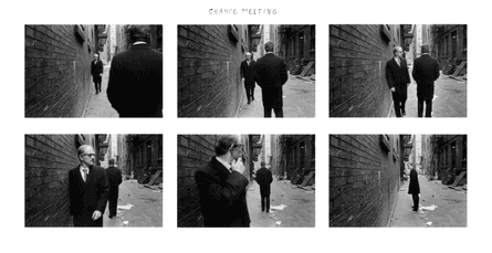 Duane Michals, Chance Meeting, 1970, full sequence, six gelatin silver photographs with hand-applied text on retro inscribed by the artist