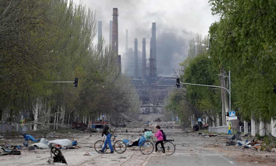 Smoke rises above the Azovstal steel plant in Mariupol.